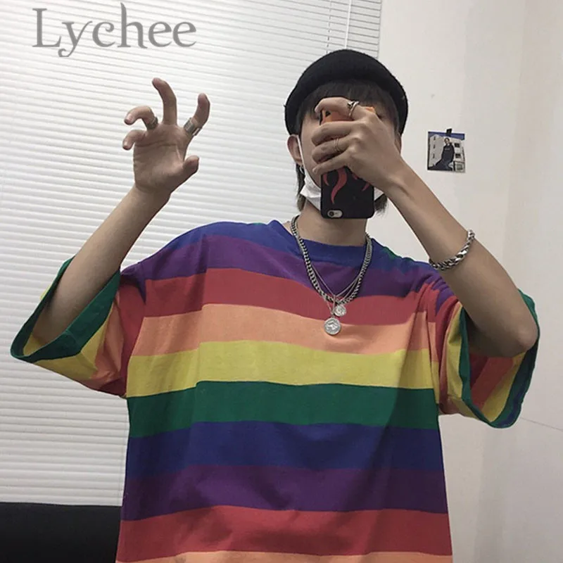 

Lychee Streetwear Rainbow Stripe Female T Shirt Top Tees Short Sleeve Summer Spring Hit Color Crew Neck Loose Women T-shirt