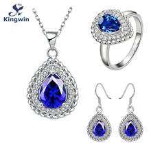 Кольцо для помолвки наборы ювелирных украшений и более тонкой Белое золото-цвет синий cz ювелирные серьги и кольцо набор аксессуар