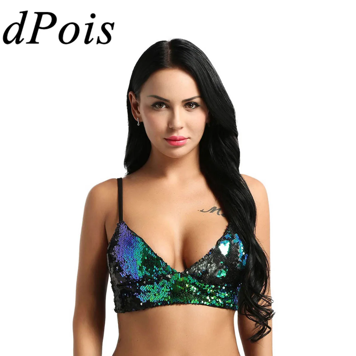 

Sexy Bras Top Green Bra for Women Dazzling Sequined Glitter Female Exotic Lingerie Stage Dance Costumes Clubwear Disco Crop Tops