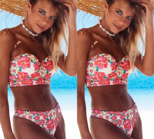 2018 New Sexy Women Floral Bandeau Swimwear 2Pcs Push-up Padded Bikini Set Swimsuit Triangle Summer Beach Bathing Suit |