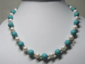 

AAA 8-9 mm 20 " natural South Seas pearl & 12 mm turquoise necklace 925silver clasp