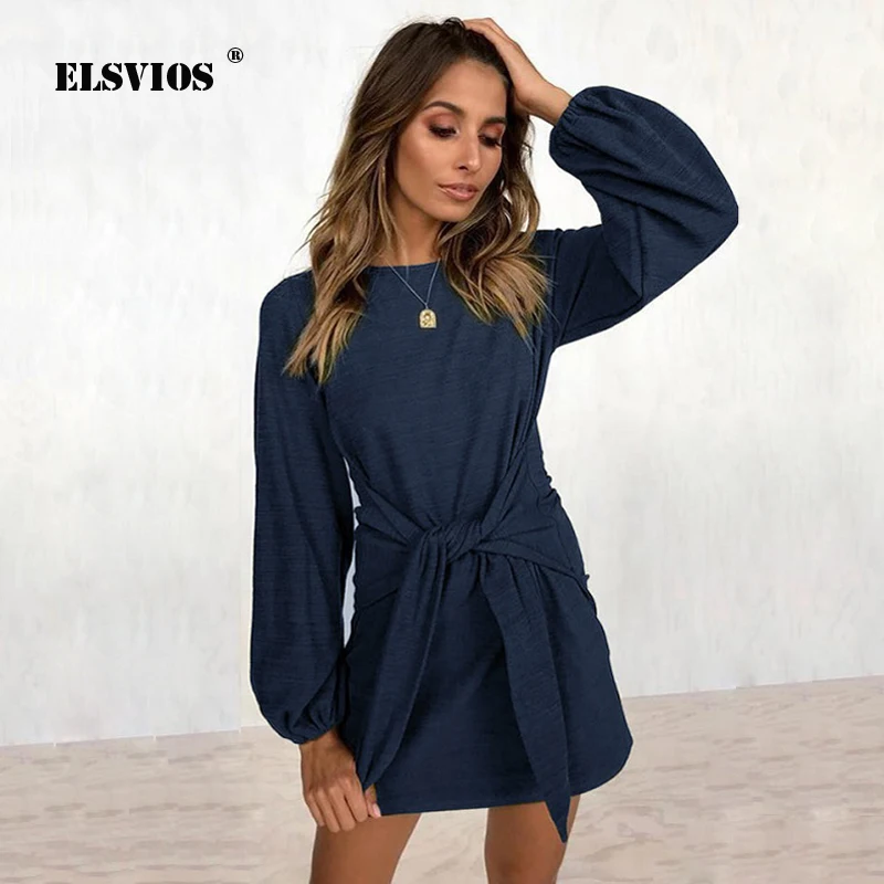 

ELSVIOS 2018 Lantern sleeve Loose Knitted Short Dress Women Autumn Front Tie Bow Bandage Dress Ladies solid O Neck party Dresses