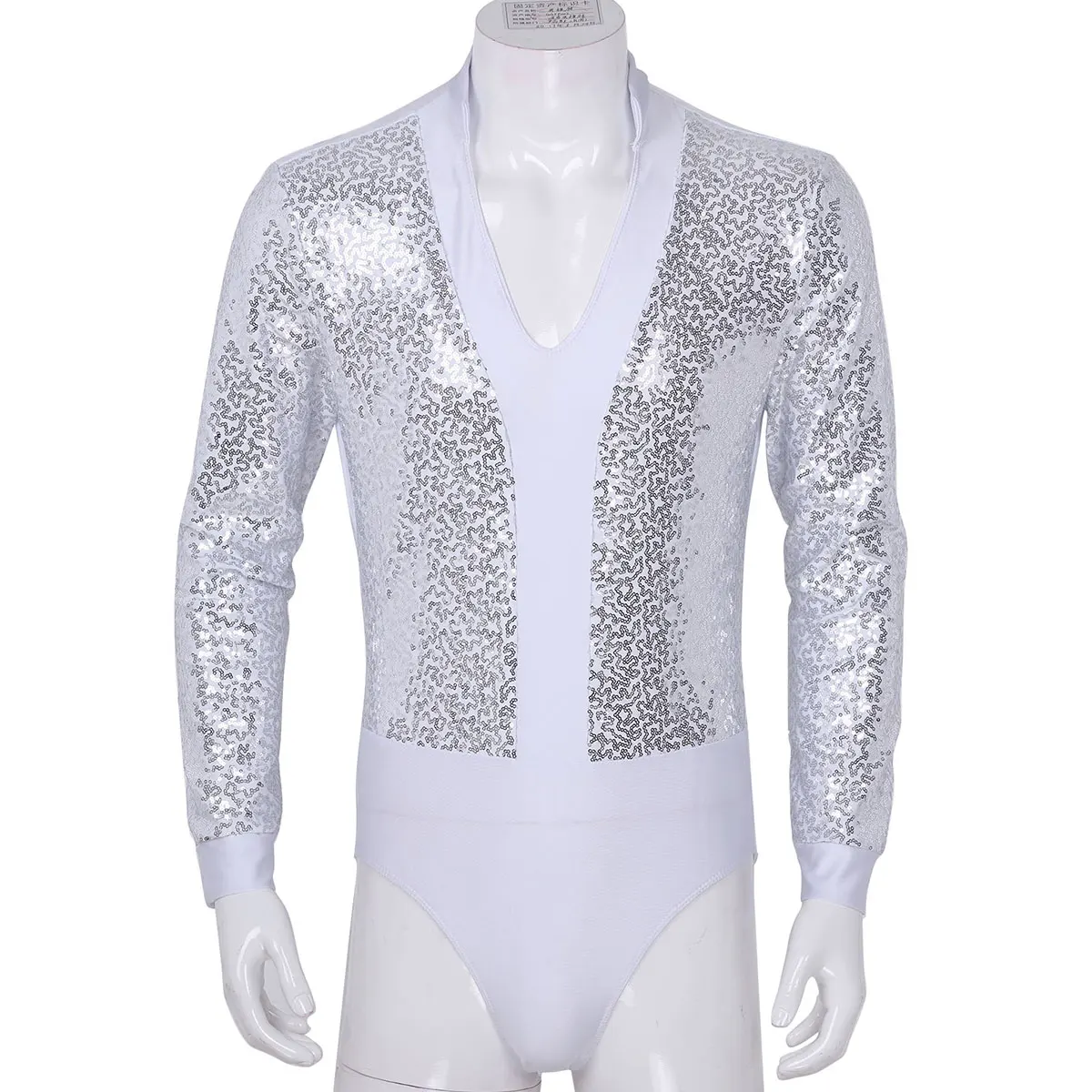 Men Leotard Ballet Bodysuit One piece Shiny Sequins V Neck Long Sleeves High Cut Dance Shirt Short Unitards Leotard Bodysuit