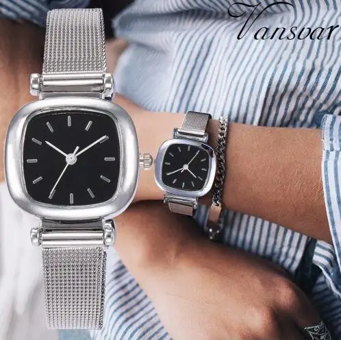

Best Selling Women Silver Square Mesh Watch Fashion Stylish minimalist Cool Small Quartz Quartz Alarm Clock feminine woman bayan