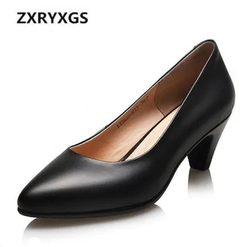 

2019 New Black Pointed Cowhide Leather Shoes Shallow Mouth Non-slip Comfort Women High Heel Shoes Simple Fashion Work Shoes