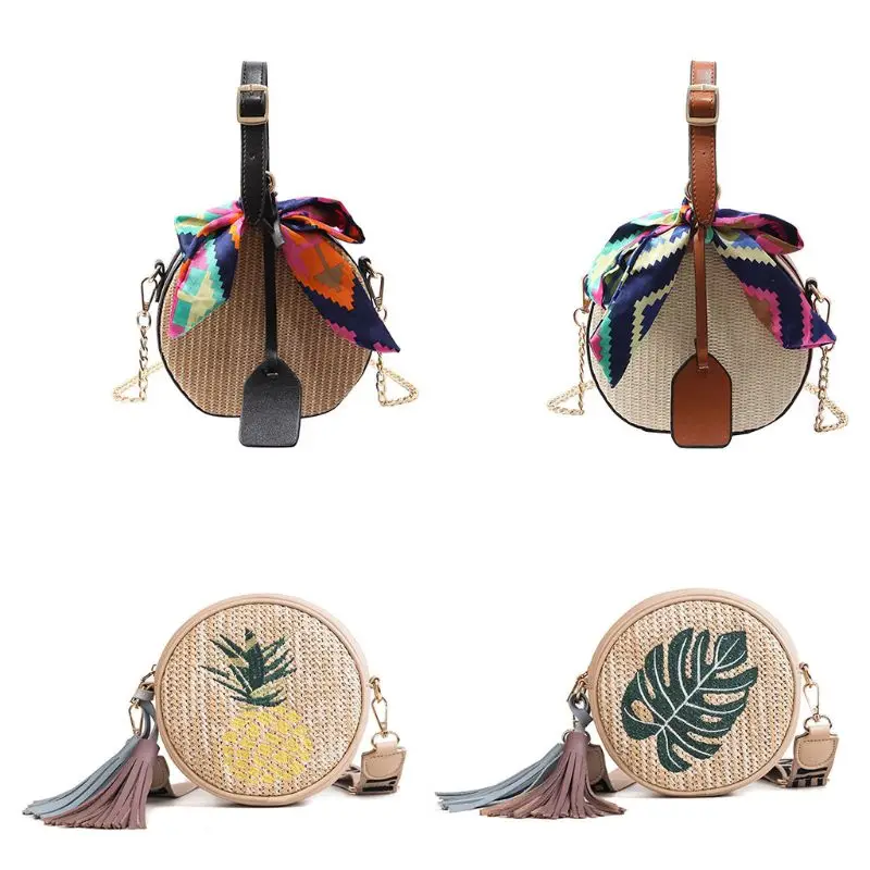 

2019 New Women Straw Small Handbag Satchel Messenger Crossbody Shoulder Bag Tote Purse With Scarf Leather Strap