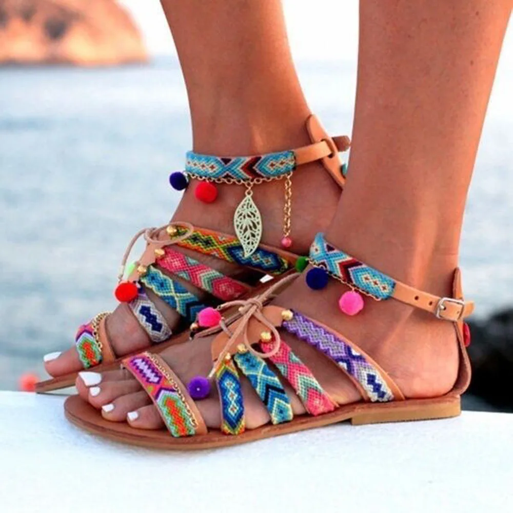 

Women Bohemia Sandals Geometric Cross-Strap Buckle Strap Gladiator Leather Sandals Flats Shoes Pom-Pom Sandals Plus Size 34-43
