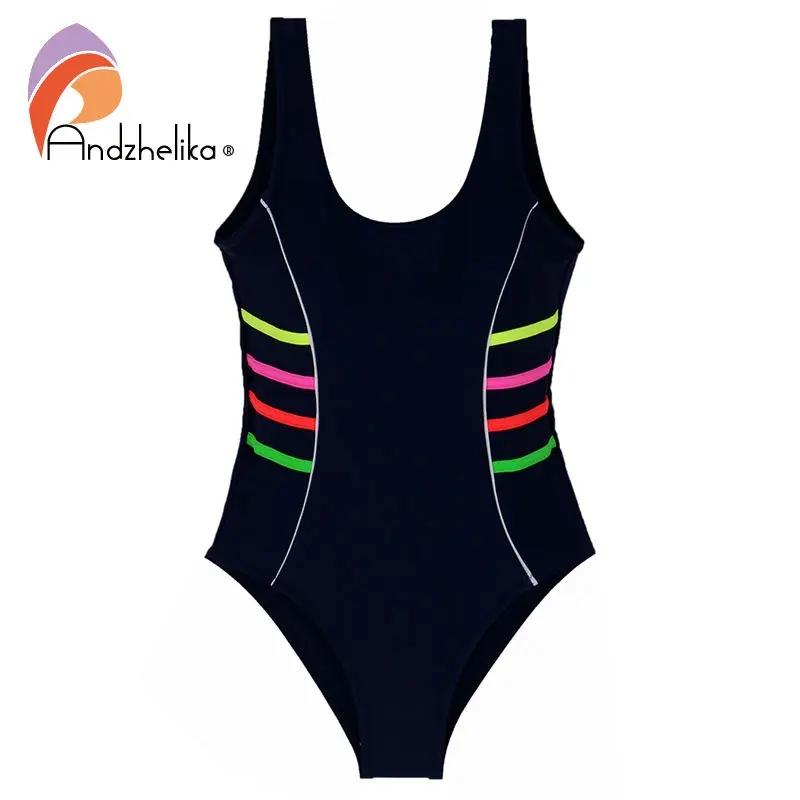 Andzhelika 2018 Girls Sports Swimsuit One-piece Swimwear Patchwork Solid multicolour Bodysuit Suit Girls Swimwear