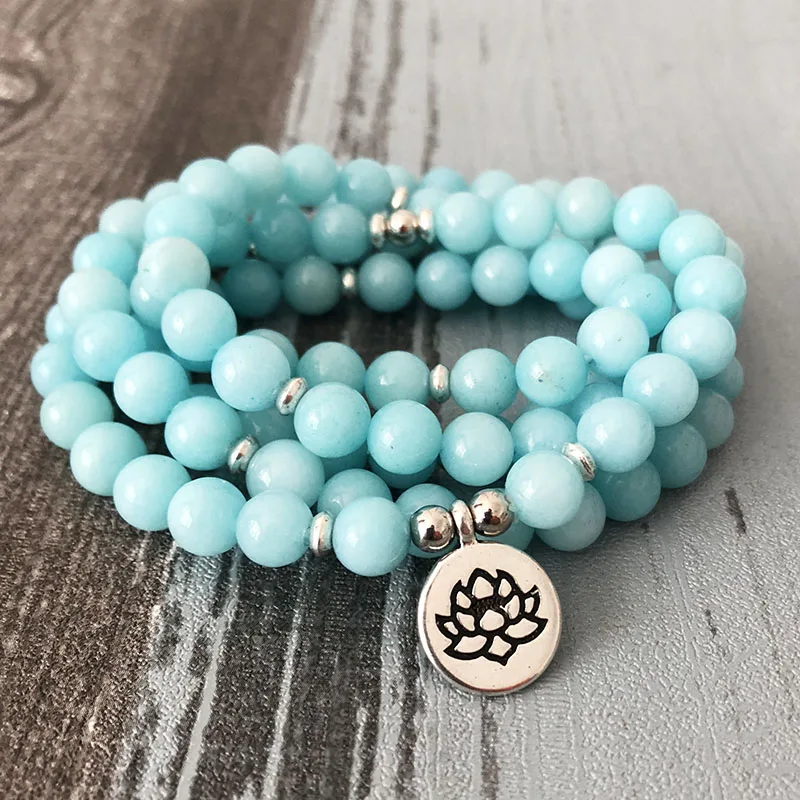 

5 Wraps Blue Stone Lotus Jewelry Trendy 108 Mala Yoga Bracelet or Necklace Om Charm Aquamarines Bracelet
