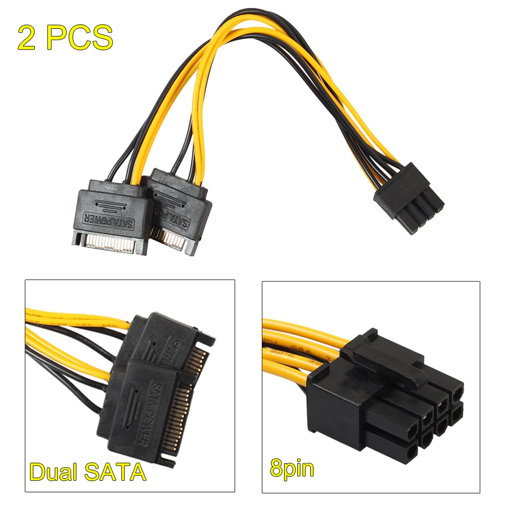 2Pcs PCIe PCI-E PCI Express 8Pin(6+2) to Dual 15Pin SATA Power Cable Video Card Graphics Card Power Cord for Bitcoin BTC Mining