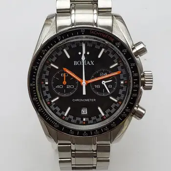 

Chronograph watch luminous hands 40mm japan quartz movement date steel Strap bracelet black Rotating bezel O-3