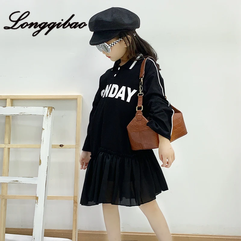 

Baby girl dress 2019 autumn new Korean version of the lapel splicing irregular dress printing inside the ocean tide