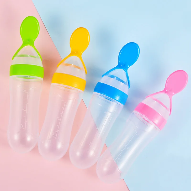 Newborn Baby Squeezing Feeding Bottle Silicone Training Rice Spoon