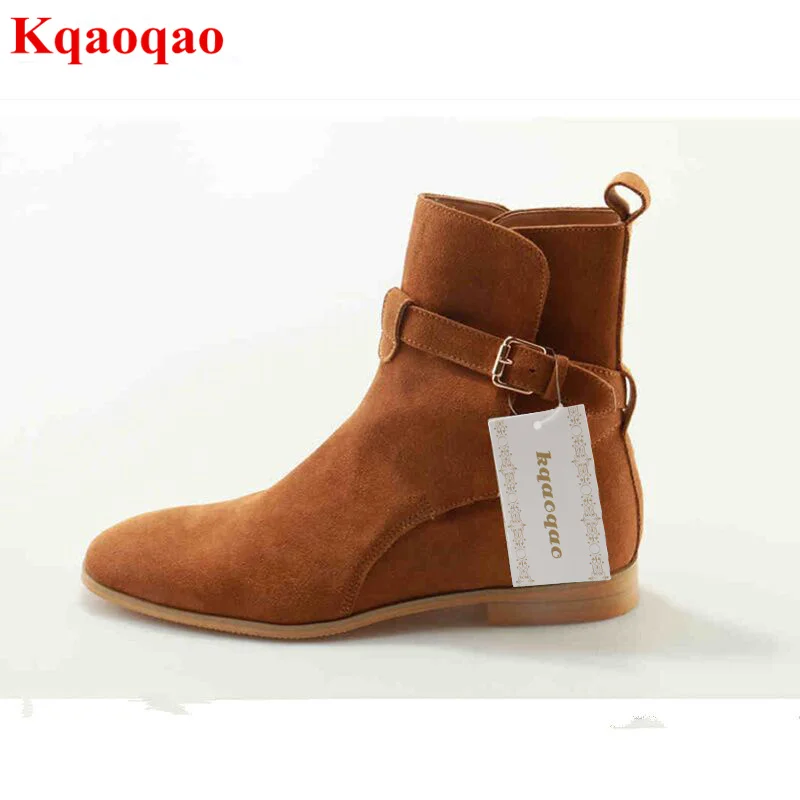

Round Toe Buckle Design Men Boots Low Heel Luxury Brand Stylish Fashion European Star Runway Stage Dress Short Booties Big Size