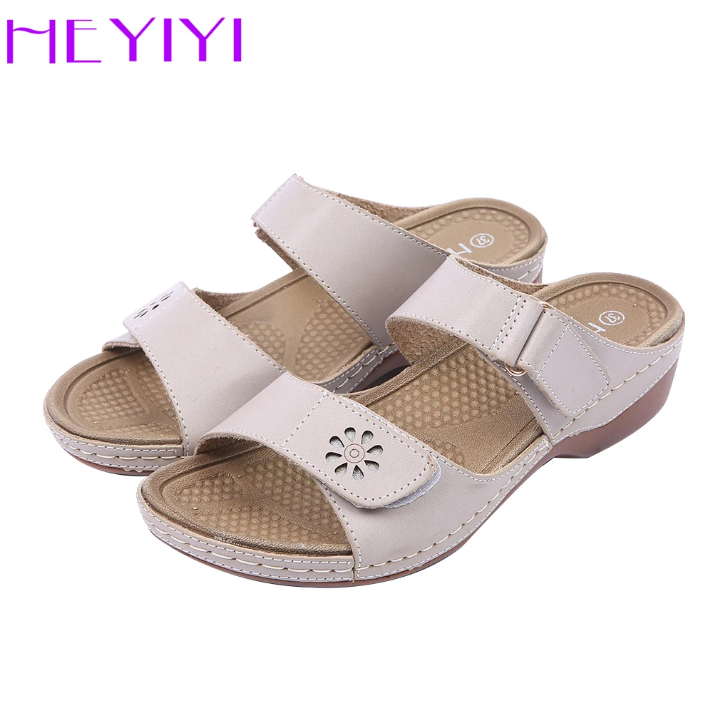 

Wedges Women Slippers Platform Casual Rome Sewing Square Heels Leisure Summer Hook&loop PU Patent Leather Light-weight Shoes
