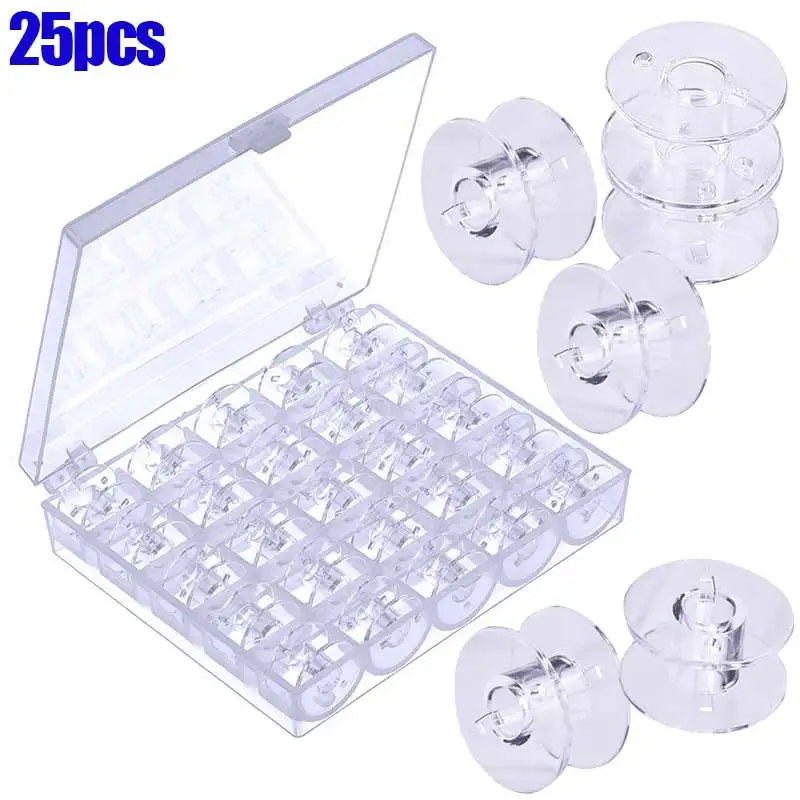 

25Pcs Empty Bobbins Sewing Machine Spools Clear Plastic with Case Storage Box for Brother Janome Singer Elna Hogard