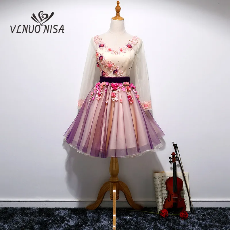 

2018 New Arrival Vintage Evening Dress Full Sleeve Sashes Spotted Pink Flowers Pearls Luxury Appliques A-Line Gown Vestido