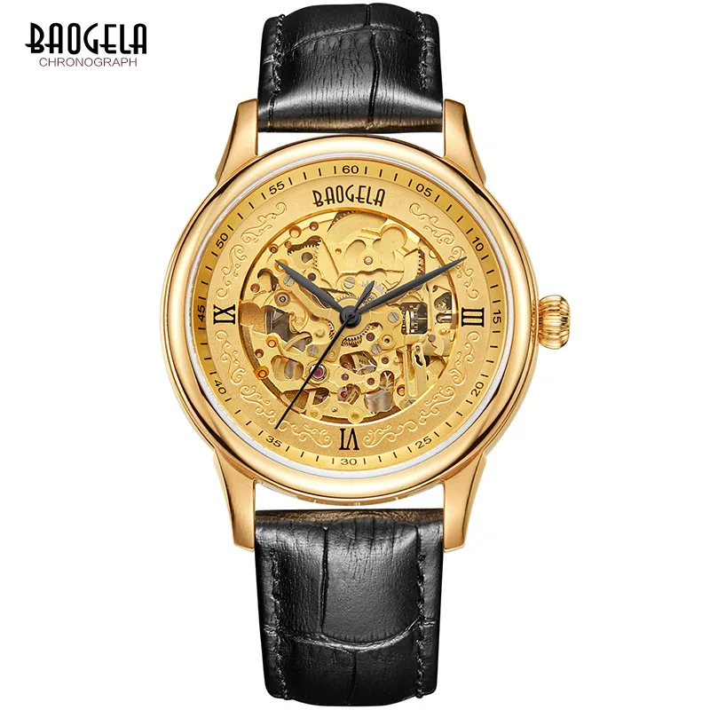 

BAOGELA Luxury Automatic Mechanical Watch Men's Watches Gold Black Clock Hollow Genuine Leather Waterproof Male Business Wrist W