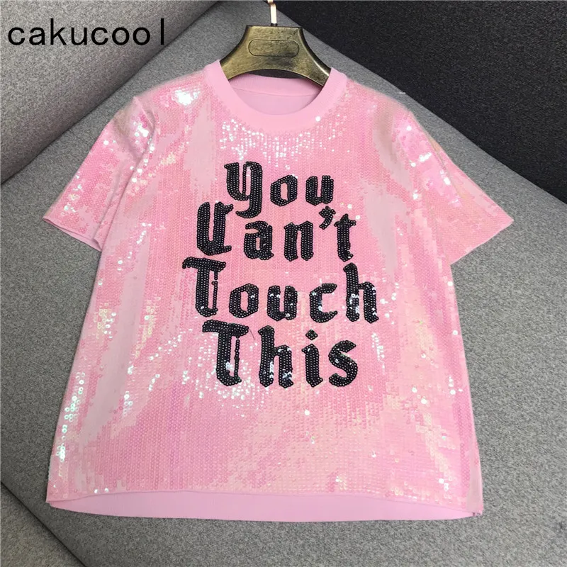 Женская футболка с блестками Cakucool Повседневная Свободная розового цвета