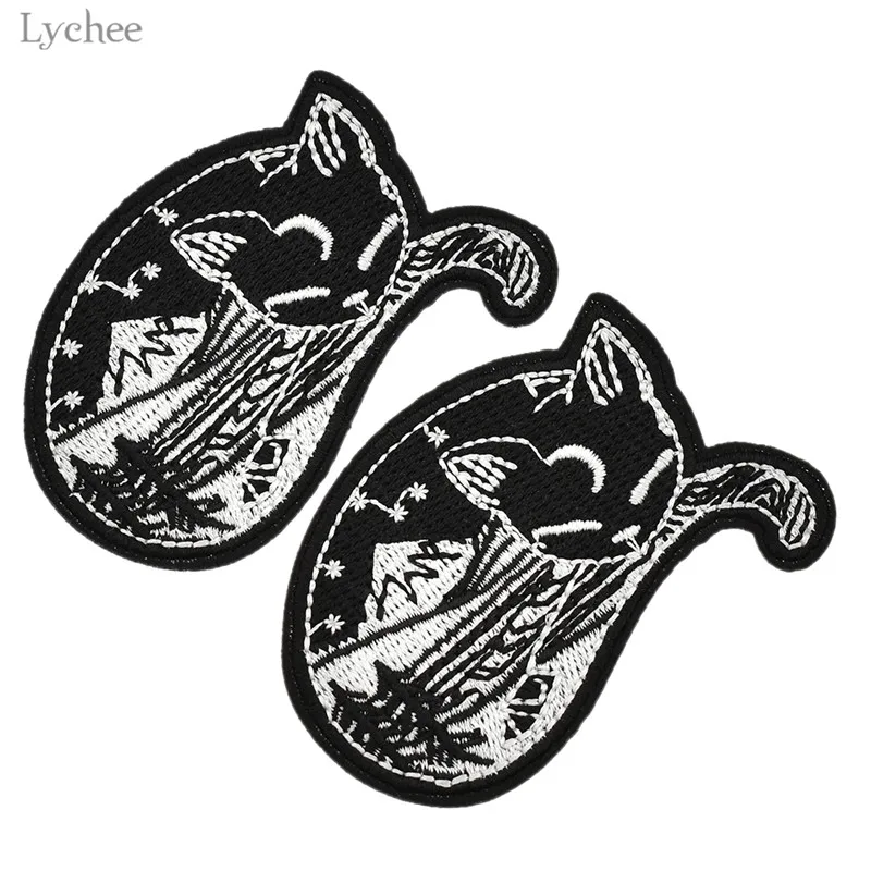 

Lychee 2pcs Forest Protector Sleeping Gothic Cat Patch Embroidery Sewing Accessory Iron On Clothes DIY Handmade Sewing Applique