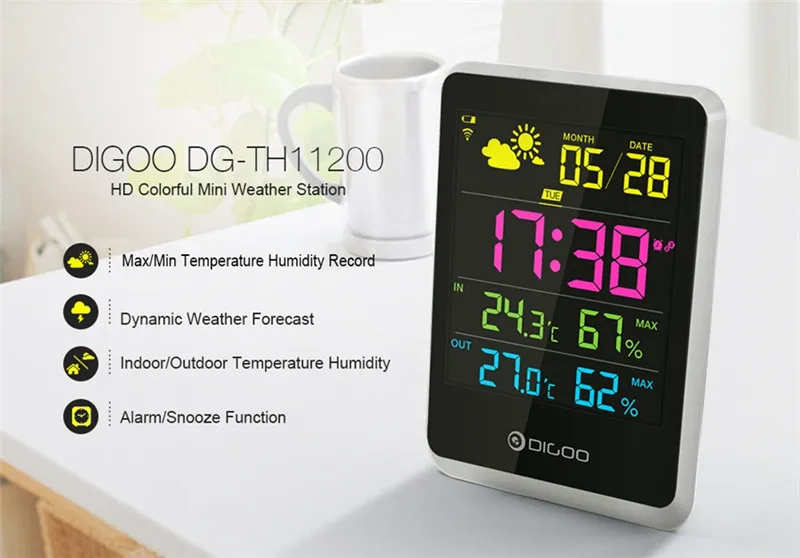 DIGOO DG-TH11200 HD красочные мини Метеостанция открытый комнатный термометр и гигрометр Температура Влажность сенсорные часы