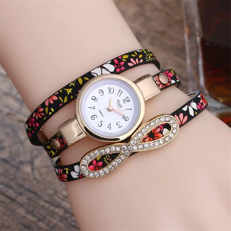 

MINHIN Flowers Leather Band Watches Women Striped 8 Shape Design Full Drill Pendant Quartz Watch Casual Quartz Wristwatches