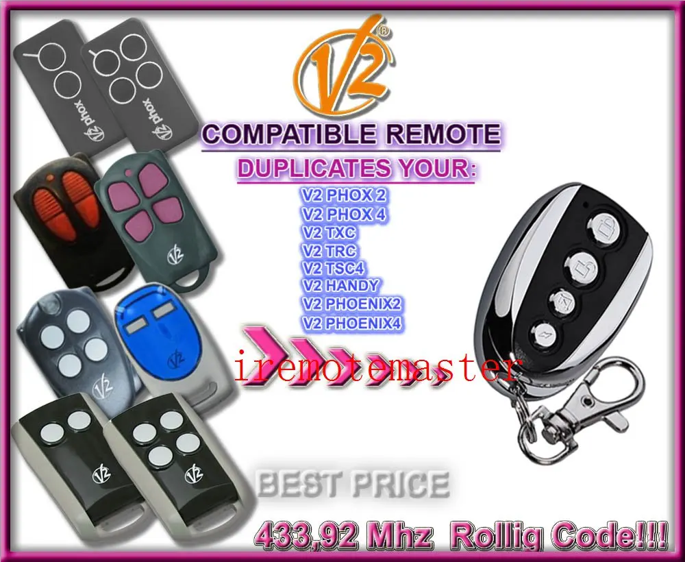 Aftermarket V2 garage door remote ,V2 transmitter ,V2 radio control ,V2 rolling door remote repacement Rolling code 433.92MHZ