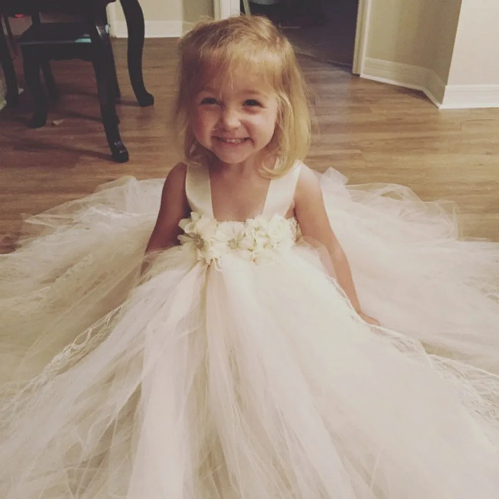 

Ivory Beige Shabby Flower Girl Wedding Tutu Dress Ankle Length Vintage Lace Party Tutu Dresses For Girls Birthday Photograph