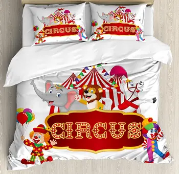 

Circus Decor Duvet Cover Set Cute Happy Fun Trained Circus Animals with Nostalgic Tent Carnival Party Show Art 4 Pcs Bedding Set
