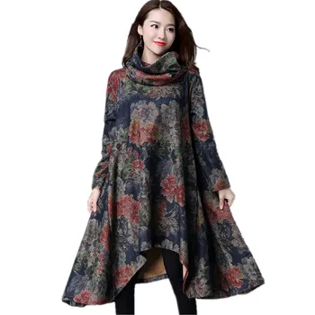 

Fashion Spring New Women Print Scarf Collar Dress Chinese Style Qaulity Brand Ladies Vintage National Dress Loose Clothing