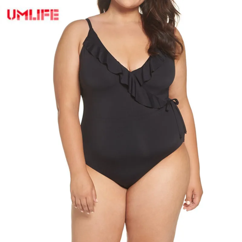 UMLIFE 4XL сексуальный женский бикини купальный костюм оборки открытая спина Цельный купальник пляжный Монокини-купальник - Цвет: BLACK