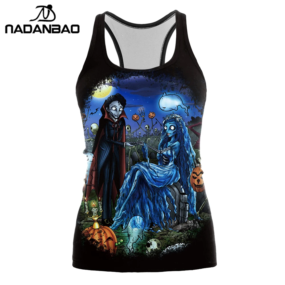 

NADANBAO New Arrival Tank Top Women Halloween Corpse Bride Blusa Jack-o'-lantern Pirnted Sleeveless Tops Cropped Feminino