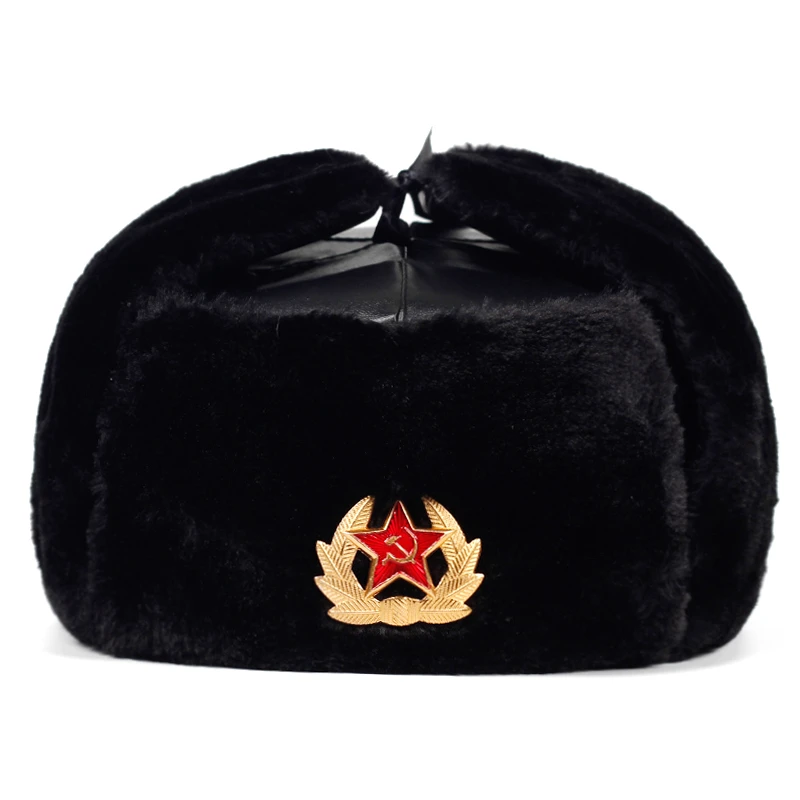 Soviet Army Military Badge Russia Ushanka Bomber Hats Pilot Trapper trooper Hat Winter Faux Rabbit Fur Earflap Men Snow Caps men's bomber hats