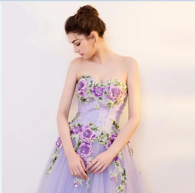 Purple Evening Dress Long Top Lace With Embroidery Tulle Robe De Soiree Longue Suknie Wieczorowe