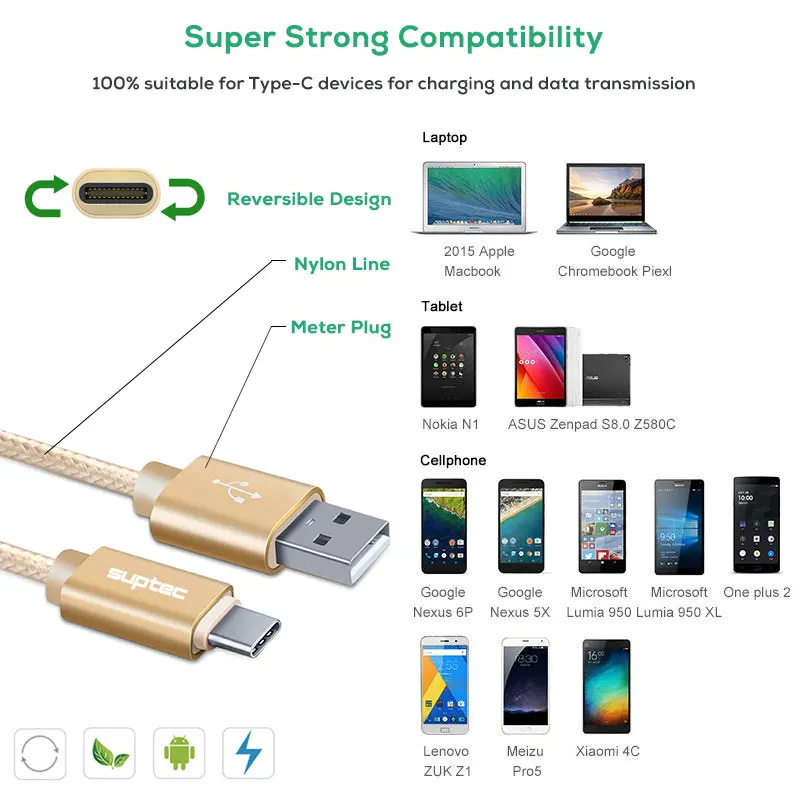 SUPTEC usb type-C кабель 2 м для samsung S9 S8 Note 9 2A зарядное устройство для быстрой зарядки type-C кабель для huawei Xiaomi Mi 8 Oneplus 5 6 6t