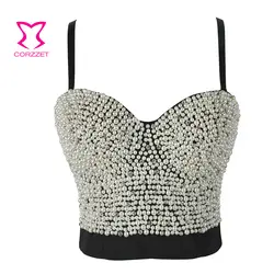 Для женщин стимпанк корсет Серебристый бюстгальтер топы кожа Pearl & Rhinestone Bralette пуш-ап бюстгальтеры для Для женщин танцевальный клуб