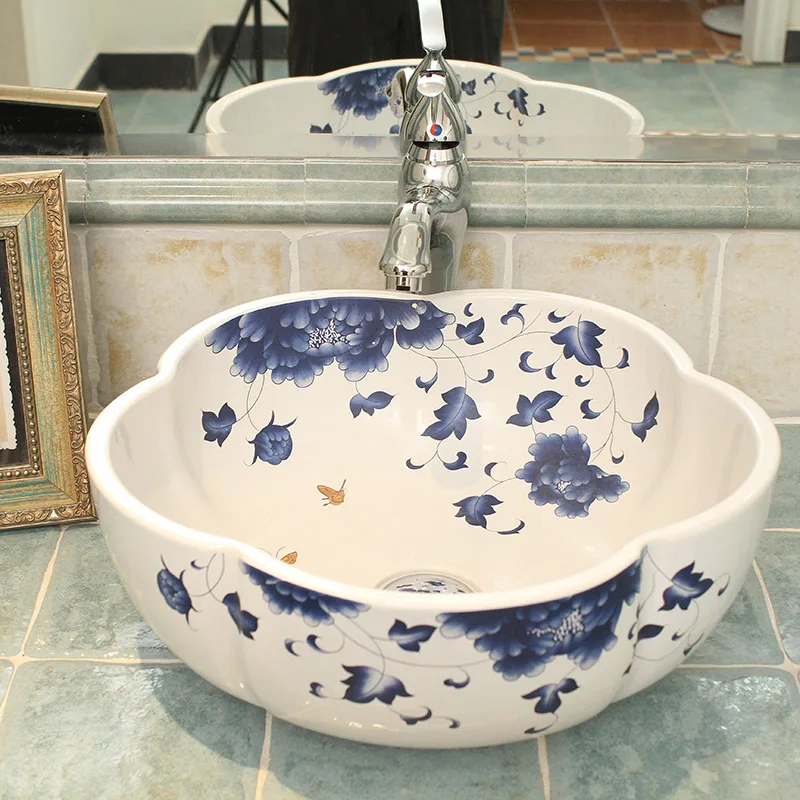 Blue and white hot sale flower Shape porcelain basin for washing hands