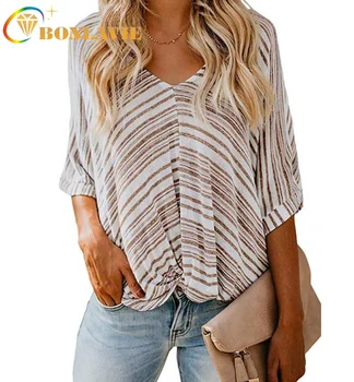 

Women T-shirt Loose Type V-neck Three Quarter Sleeve Stripe Print Pattern Size S To XXL Multiple Color Summer Autumn Fashion Top