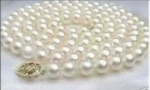

35inch AAA AKOYA 9-10MM WHITE PEARL NECKLACE 925silver GOLD CLASP