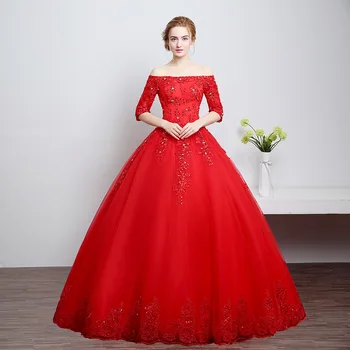 

Holievery Beaded Tulle Ball Gown Wedding Dress with Half Sleeves 2019 Off Shoulder Wedding Gowns with Lace Appliques Red Ivory