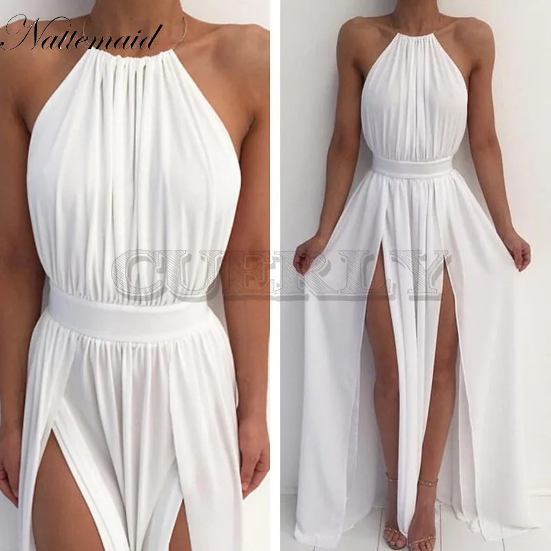Image CUERLY Women Off ShouCUERLYer Chiffon White Dress Summer Red Beach Boho Maxi Long Dress Elegant Bridesmaid Split Party Dresses
