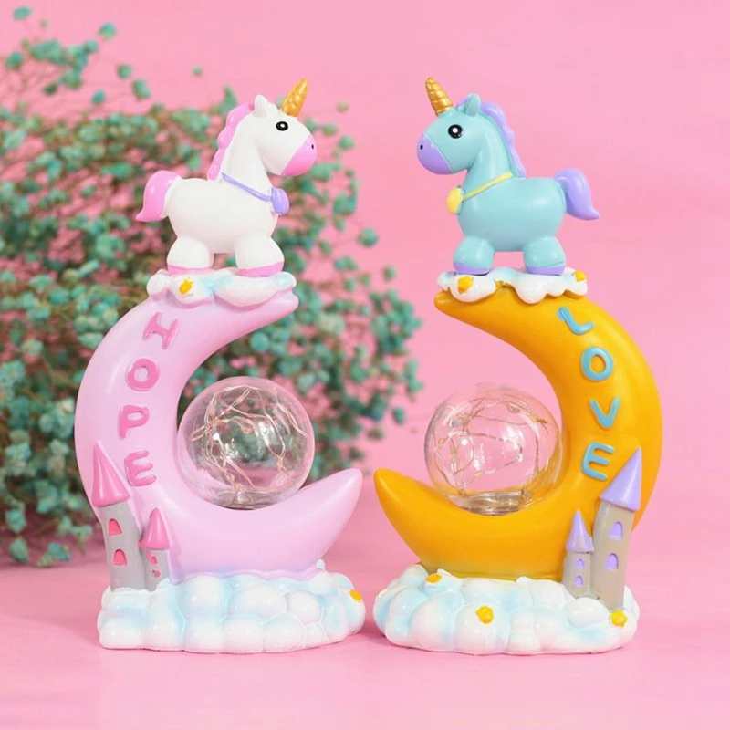 Cartoon Unicorn Resin Craft Led Night Light Car Miniature Decor Kids Home Decor Table Lamp Ornaments Birthday Valentine Gifts
