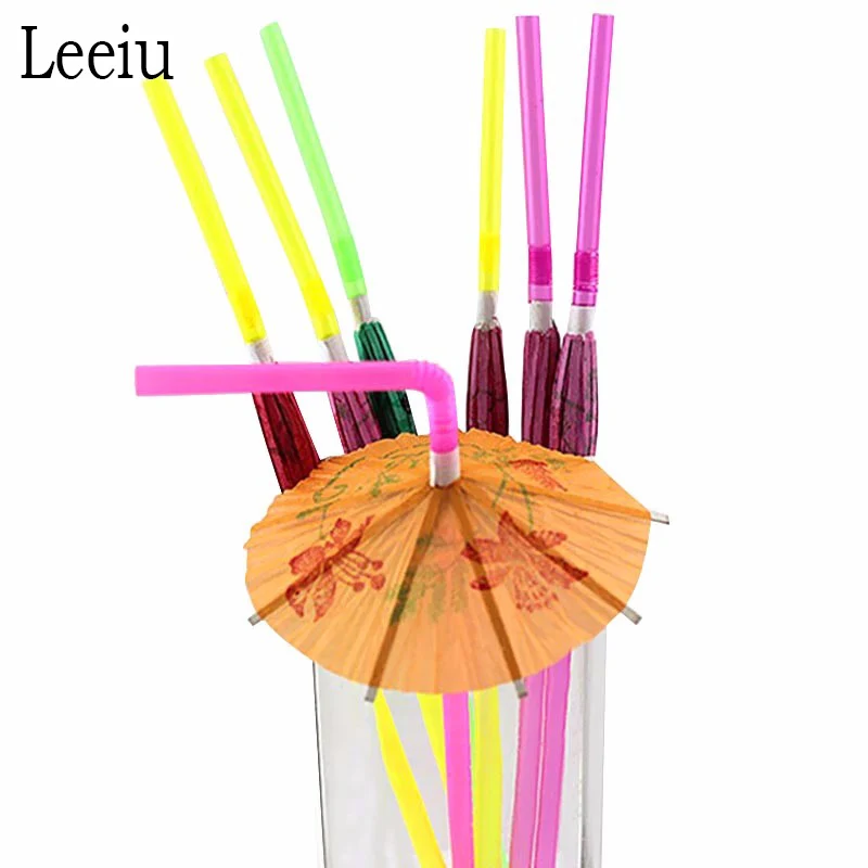 

Leeiu 50 Pcs/Lot Mixed Colors 3D Umbrella Shape Juice Drinking Straw Hawaiian Beach Party Decoration Cocktil Straws