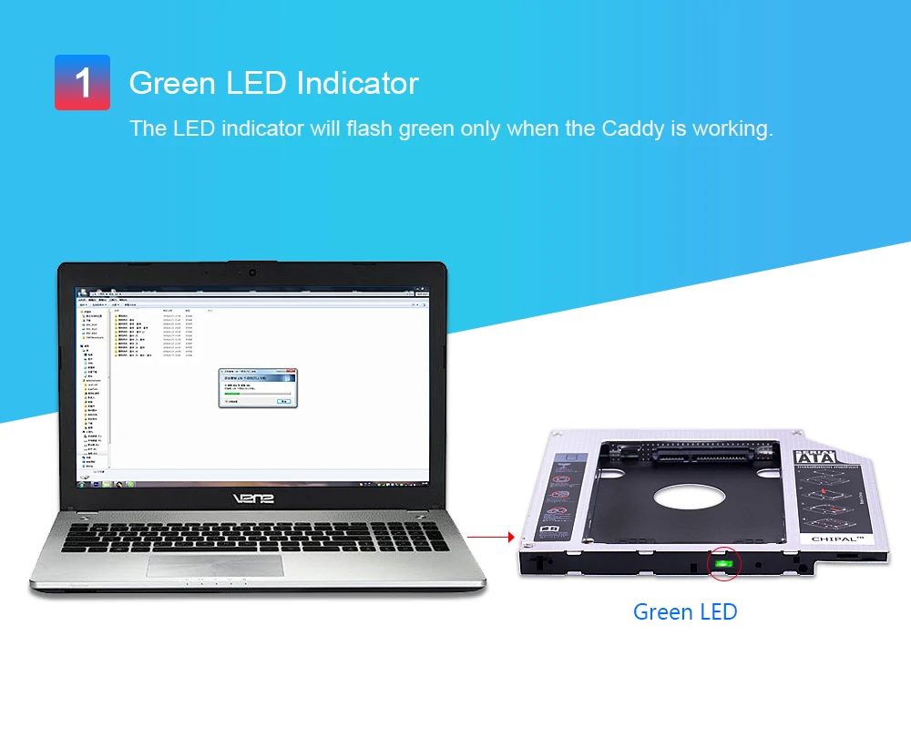 CHIPAL Универсальный 2-ой HDD Caddy 9,5 мм SATA 3,0 для 2," SSD чехол HDD корпус со Светодиодный индикатор для ноутбука CD-ROM DVD-ROM ODD