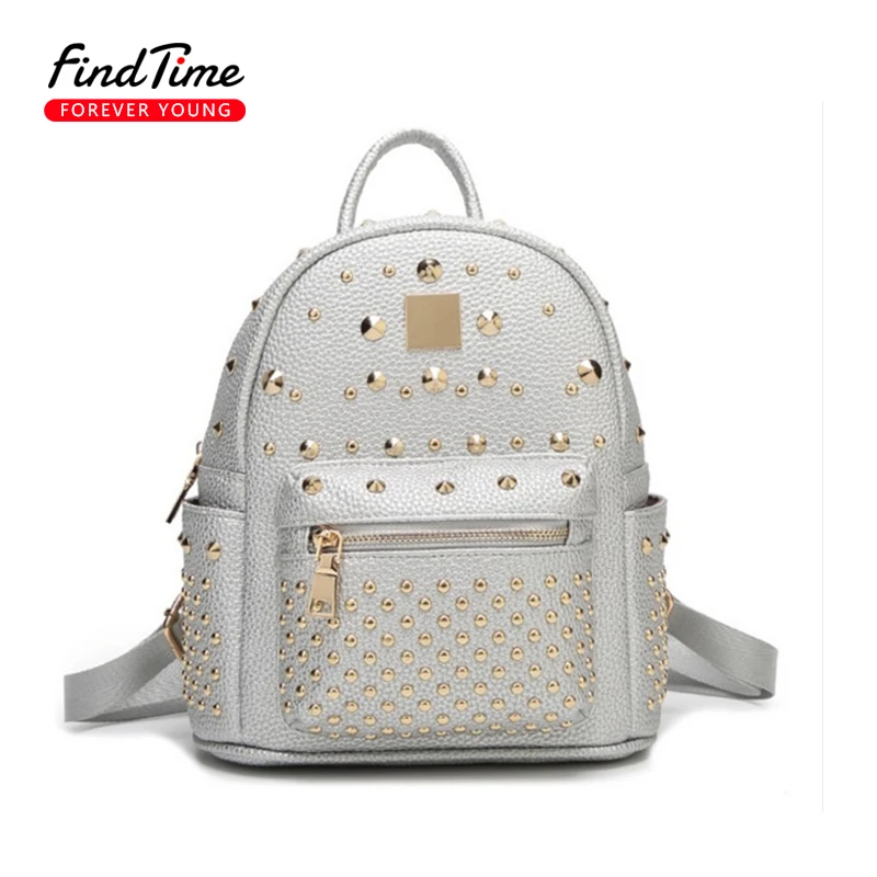 

FINDTIME Brand Design Ladies Backpack 2017 New Rivets Solid Color Female Backpack Korean Fashion Trend Student Travel Backpack