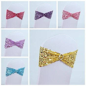 

Various colour sequin chair sash with round buckles for chair covers lace with sequin lycra band spandex chair sash bow tie sale