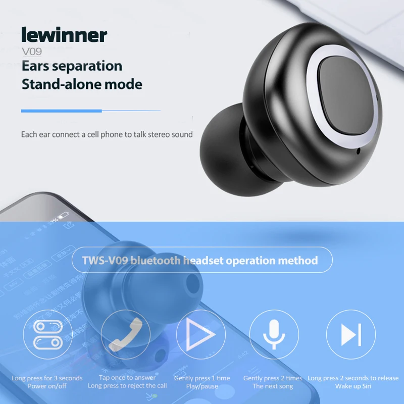 Lewinner V09 Bluetooth наушники беспроводные наушники TWS наушники 500 мАч Мини зарядный чехол глубокий бас стерео звук с микрофоном