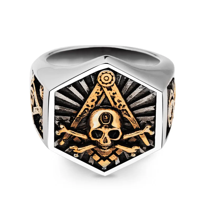 Buy Masonic Ring For Men hexagon skull Stainless steel Freemason Totem Jewelry hippop street culture mygrillz
