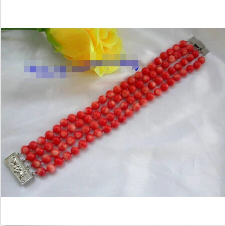 

Free Shipping 4rows 7mm round crude red coral bracelet g258^^@^ GP style Fine jewe Noble Natural stone
