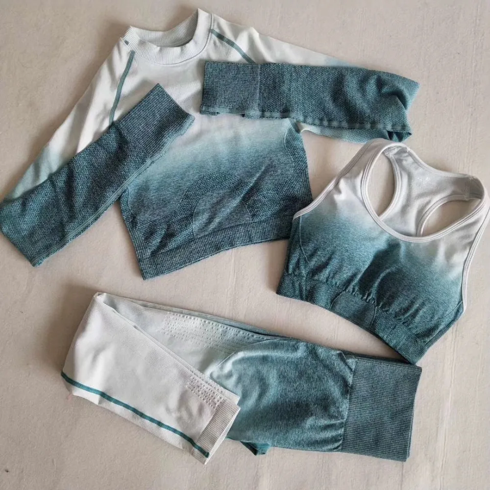 Baratos Ombre sin costuras Leggings + Sujetador deportivo + Camiseta corta de manga larga 3 uds conjunto de Yoga para Mujeres corriendo ropa de gimnasio de cintura alta traje deportivo de fitness
